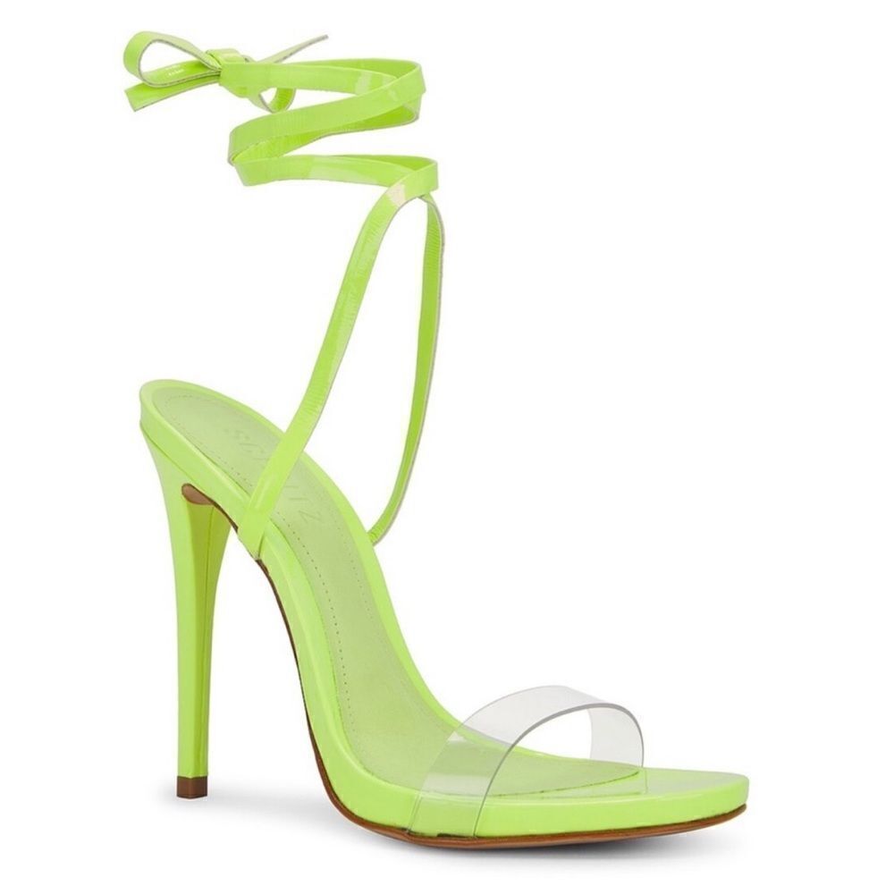 Schutz Cloe Ankle Wrap Heels Neon Green 7 Clear Toe‎ Strap Open Toe